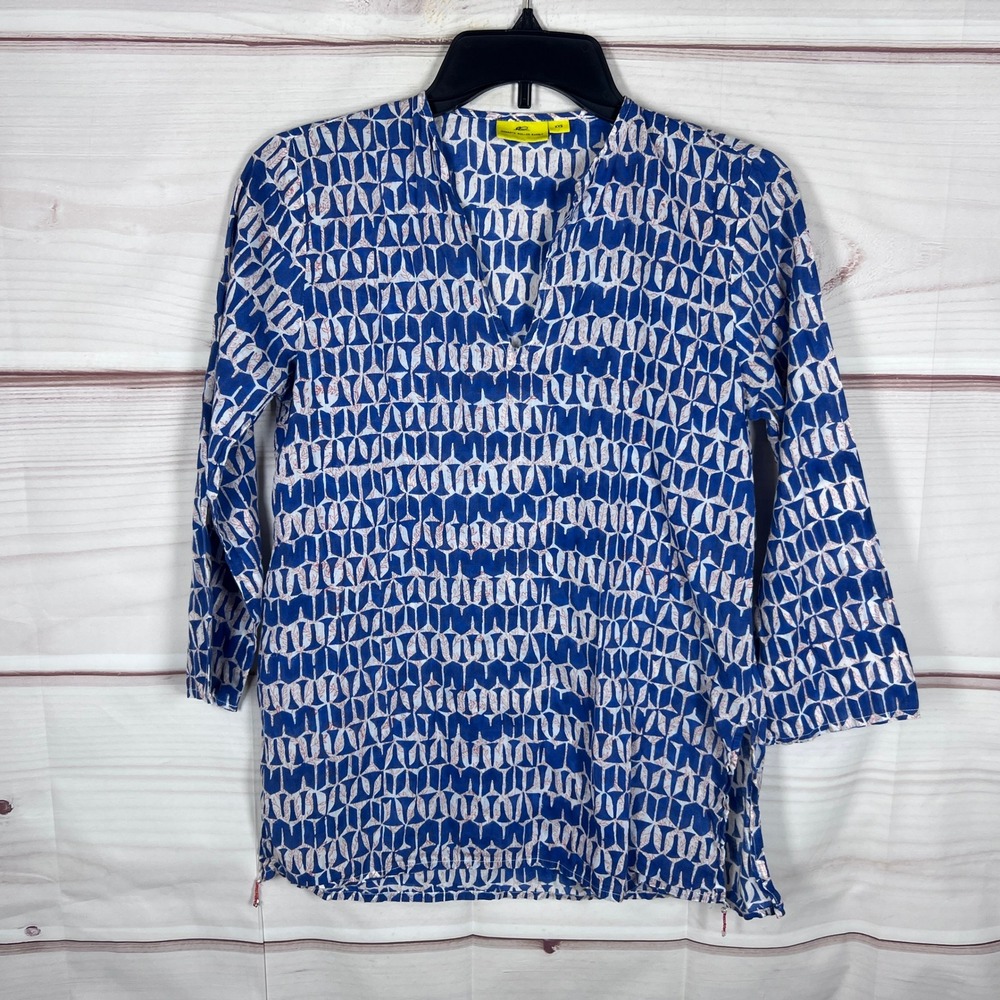 Roberta Roller Rabbit Tunic Top Womens XXS Blue Geometric Print V-Neck Cotton